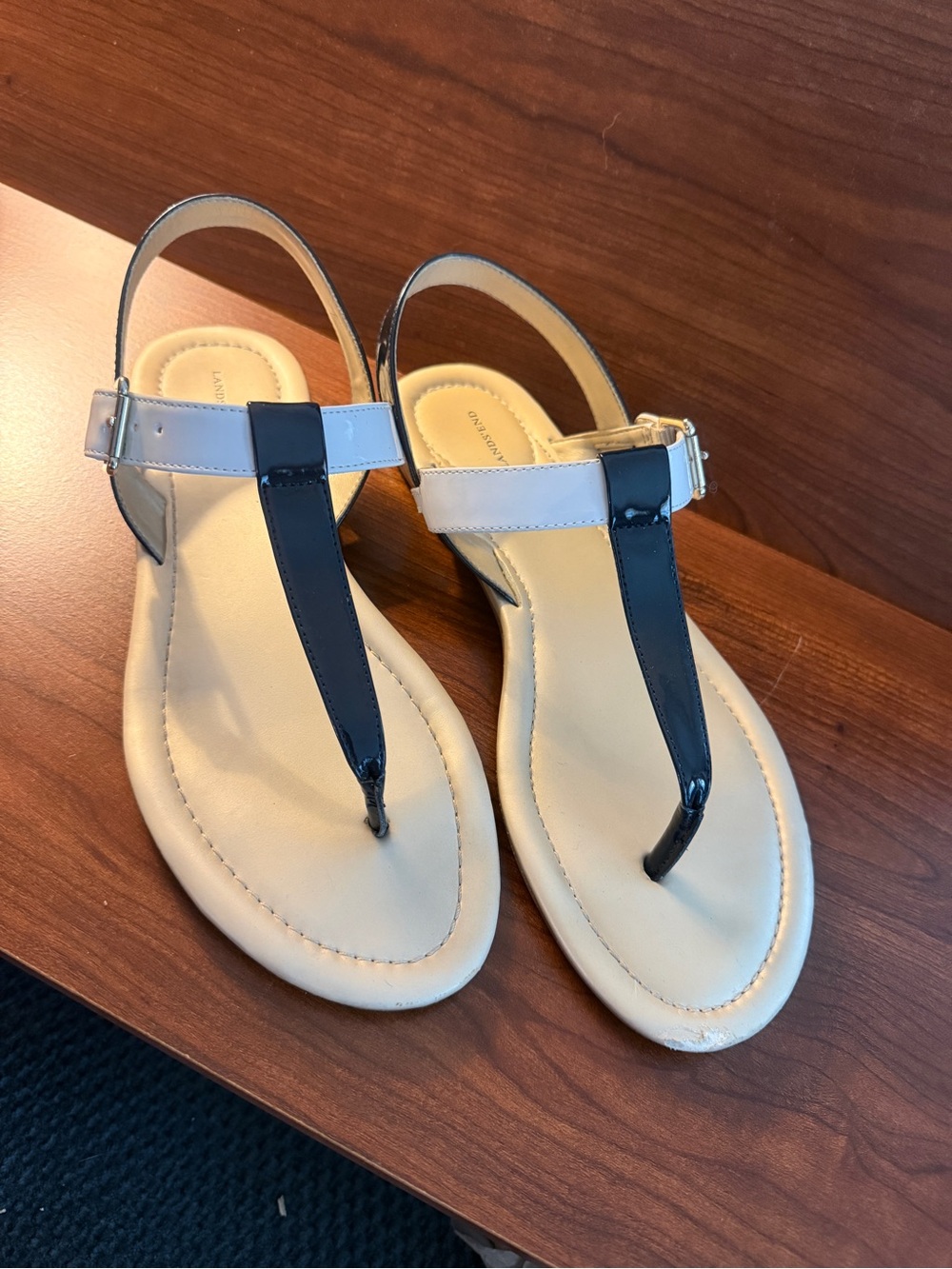 Lands' End Blue and White T-Strap Slingback Sandals Women’s size 10